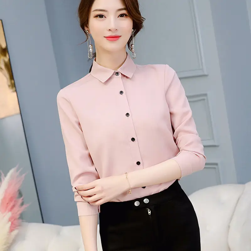 Women Korean Style Long Sleeve Slim Shirt Pink Large - Image 3