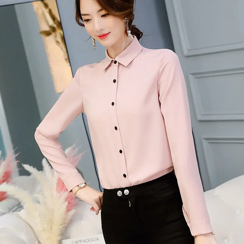 Women Korean Style Long Sleeve Slim Shirt Pink Large - Image 4