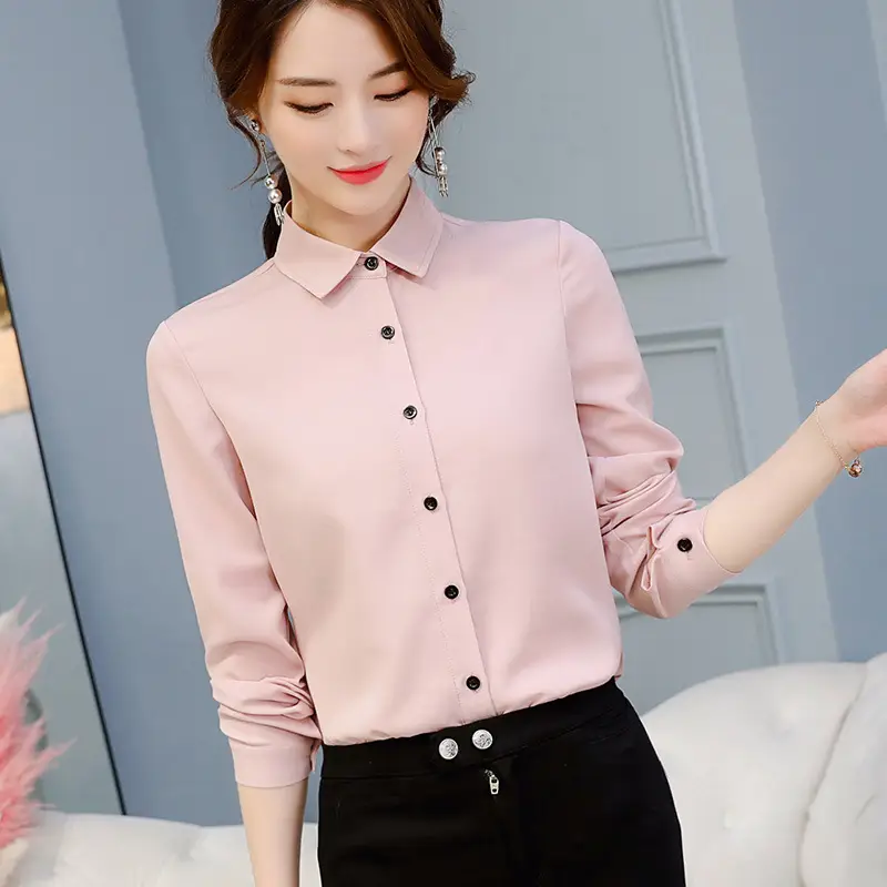 Women Korean Style Long Sleeve Slim Shirt Pink Large - Image 5