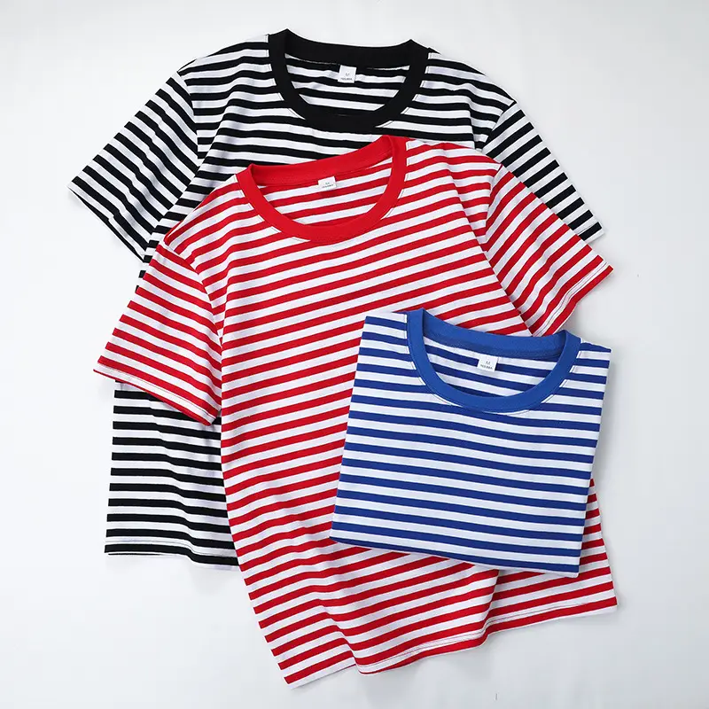 2025 Men Navy Striped Cotton T-Shirt Red White
