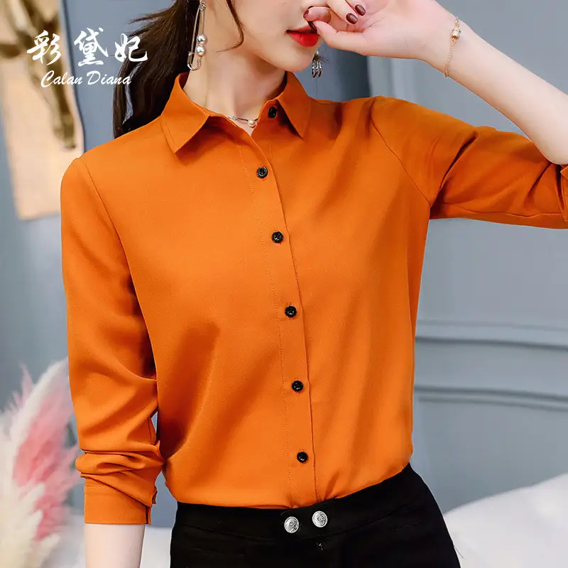 Korean Style Long Sleeve Button Shirt Orange Black Pants Large