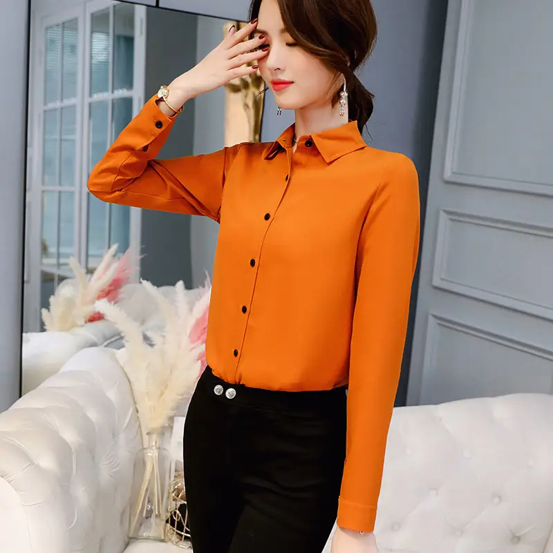 Korean Style Long Sleeve Button Shirt Orange Black Pants Large - Image 3
