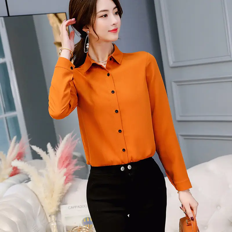 Korean Style Long Sleeve Button Shirt Orange Black Pants Large - Image 4