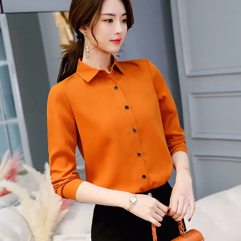 Korean Style Long Sleeve Button Shirt Orange Black Pants Large - Image 5