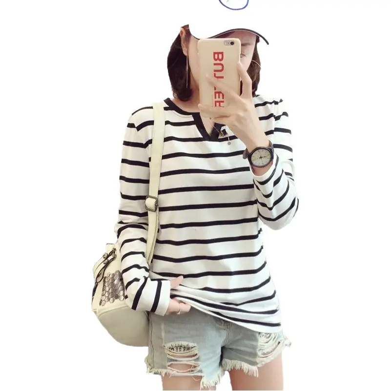 Women V-Neck Striped Long Sleeve T-Shirt Navy White