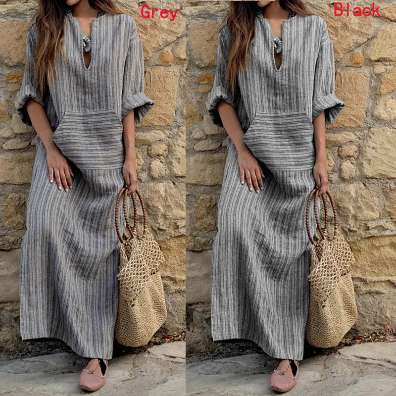Plus Size Women Cotton Linen Long Dress Gray Striped