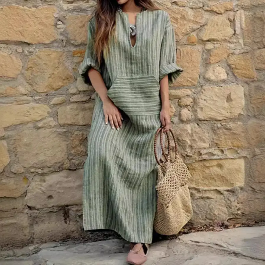 Plus Size Women Cotton Linen Long Dress Gray Striped