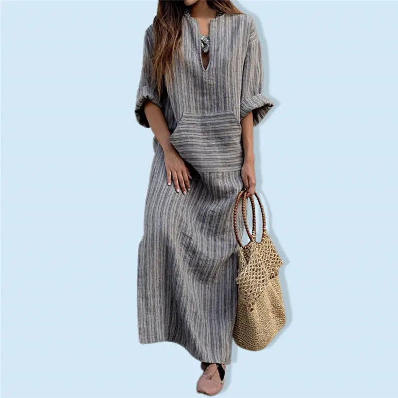 Plus Size Women Cotton Linen Long Dress Gray Striped