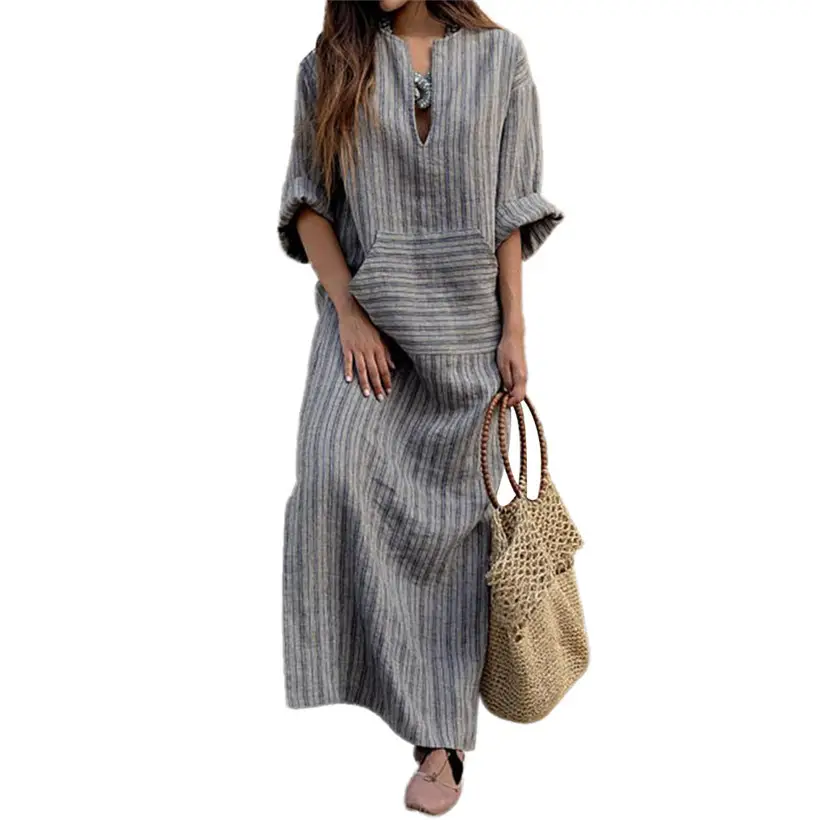 Plus Size Women Cotton Linen Long Dress Gray Striped