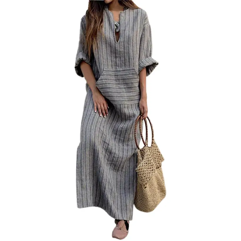 Plus Size Women Cotton Linen Long Dress Gray Striped