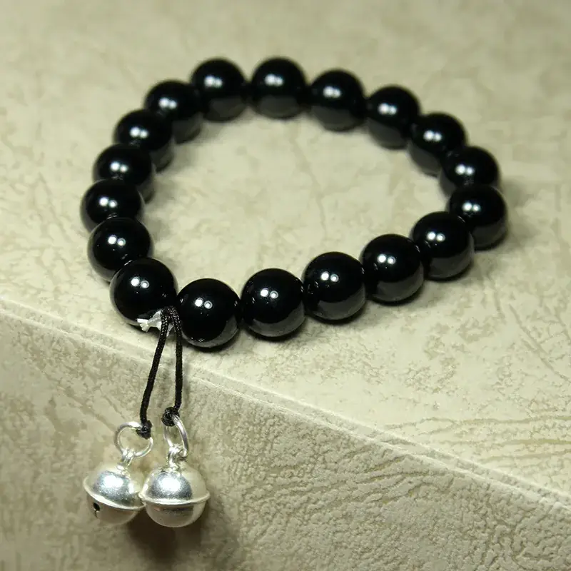 Black Onyx Bead Angelica Bracelet with Silver Bell - Image 3