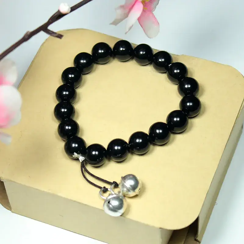 Black Onyx Bead Angelica Bracelet with Silver Bell - Image 4
