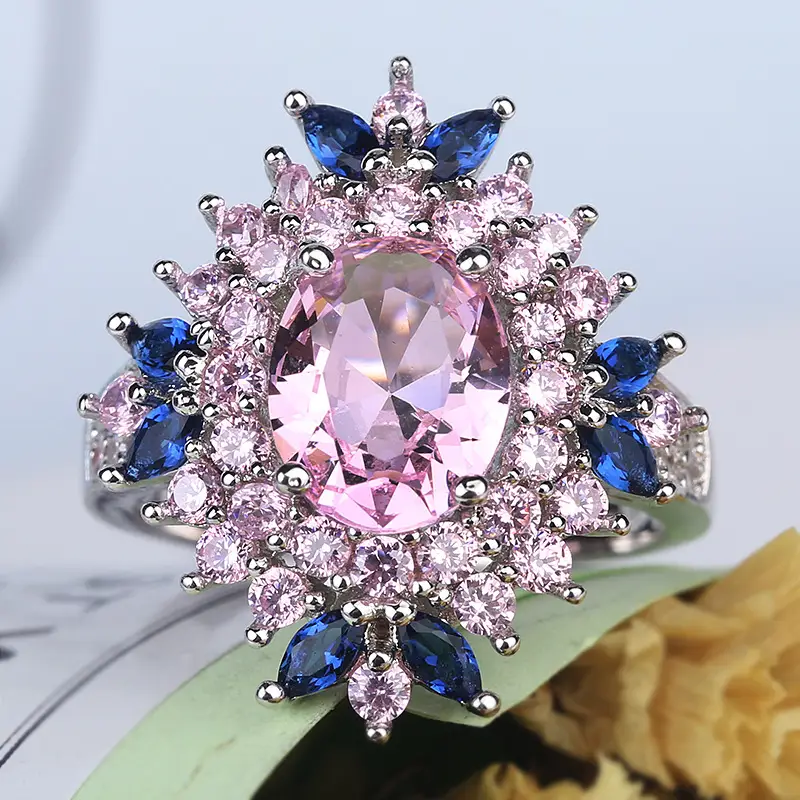 Flower Zircon Ring with Blue & Pink Diamonds - Image 3