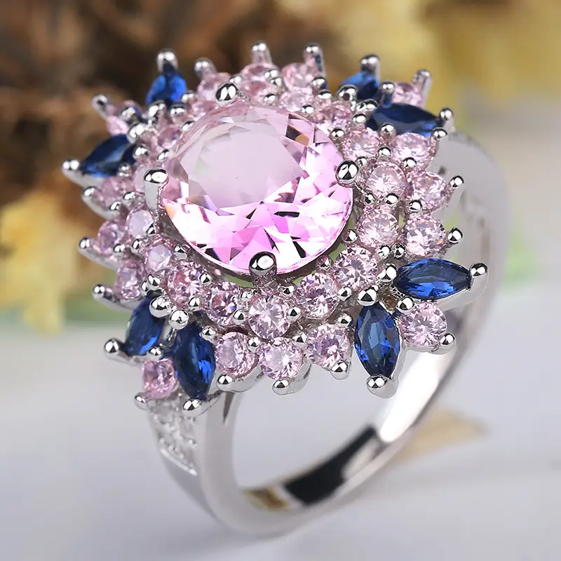 Flower Zircon Ring with Blue & Pink Diamonds - Image 4