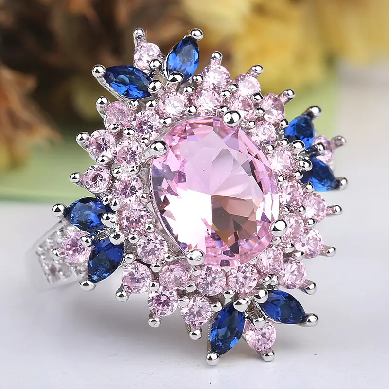 Flower Zircon Ring with Blue & Pink Diamonds - Image 5