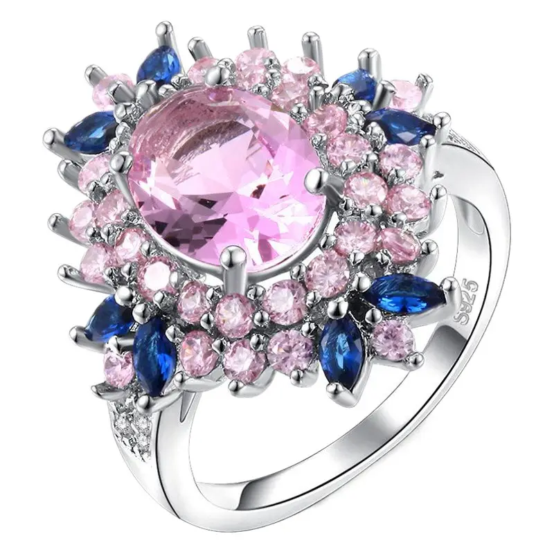 Flower Zircon Ring with Blue & Pink Diamonds
