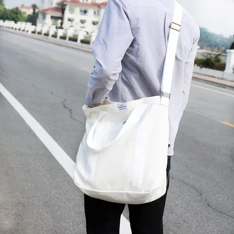 White Korean Style Canvas Shoulder Bag for Men Women - Image 7