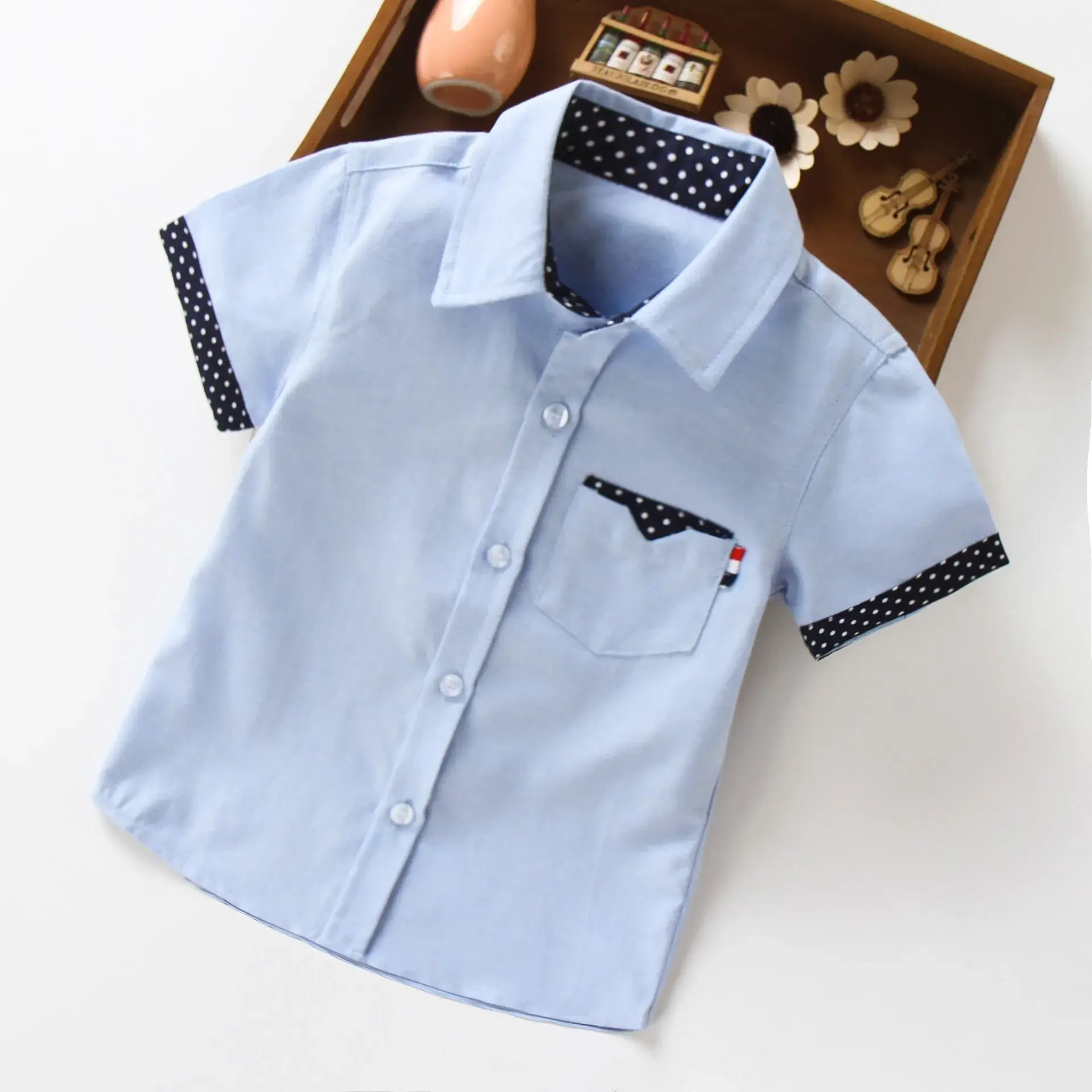 Boys Printed Lapel Short Sleeve Shirt Blue Medium