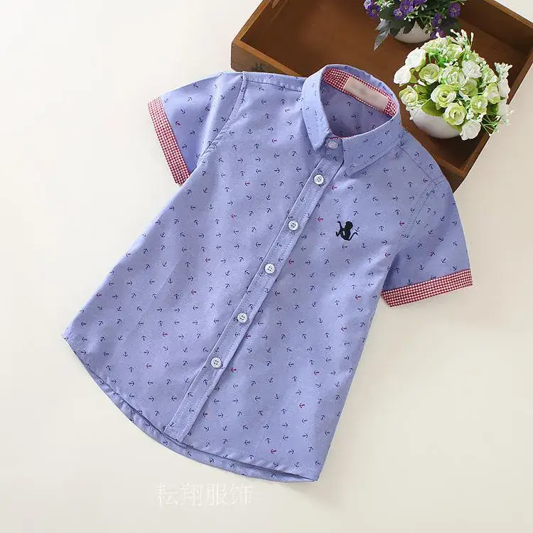 Boys Printed Lapel Short Sleeve Shirt Blue Medium