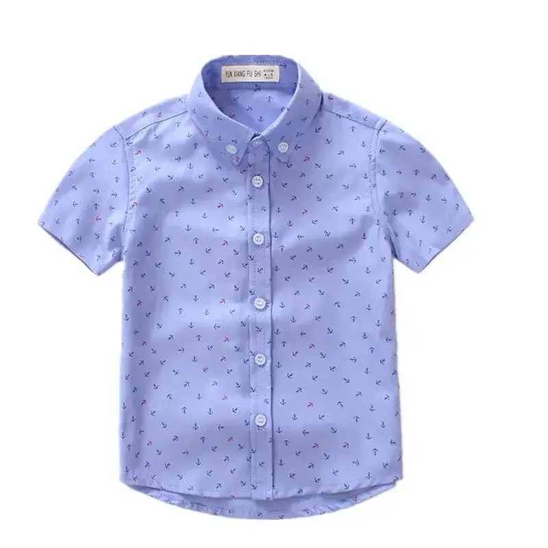 Boys Printed Lapel Short Sleeve Shirt Blue Medium