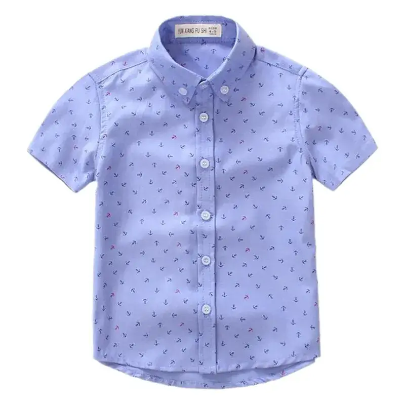 Boys Printed Lapel Short Sleeve Shirt Blue Medium