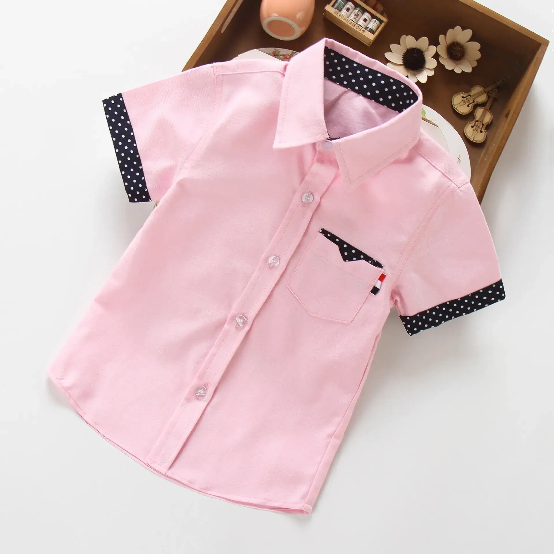 Boys Printed Lapel Short Sleeve Shirt Blue Medium