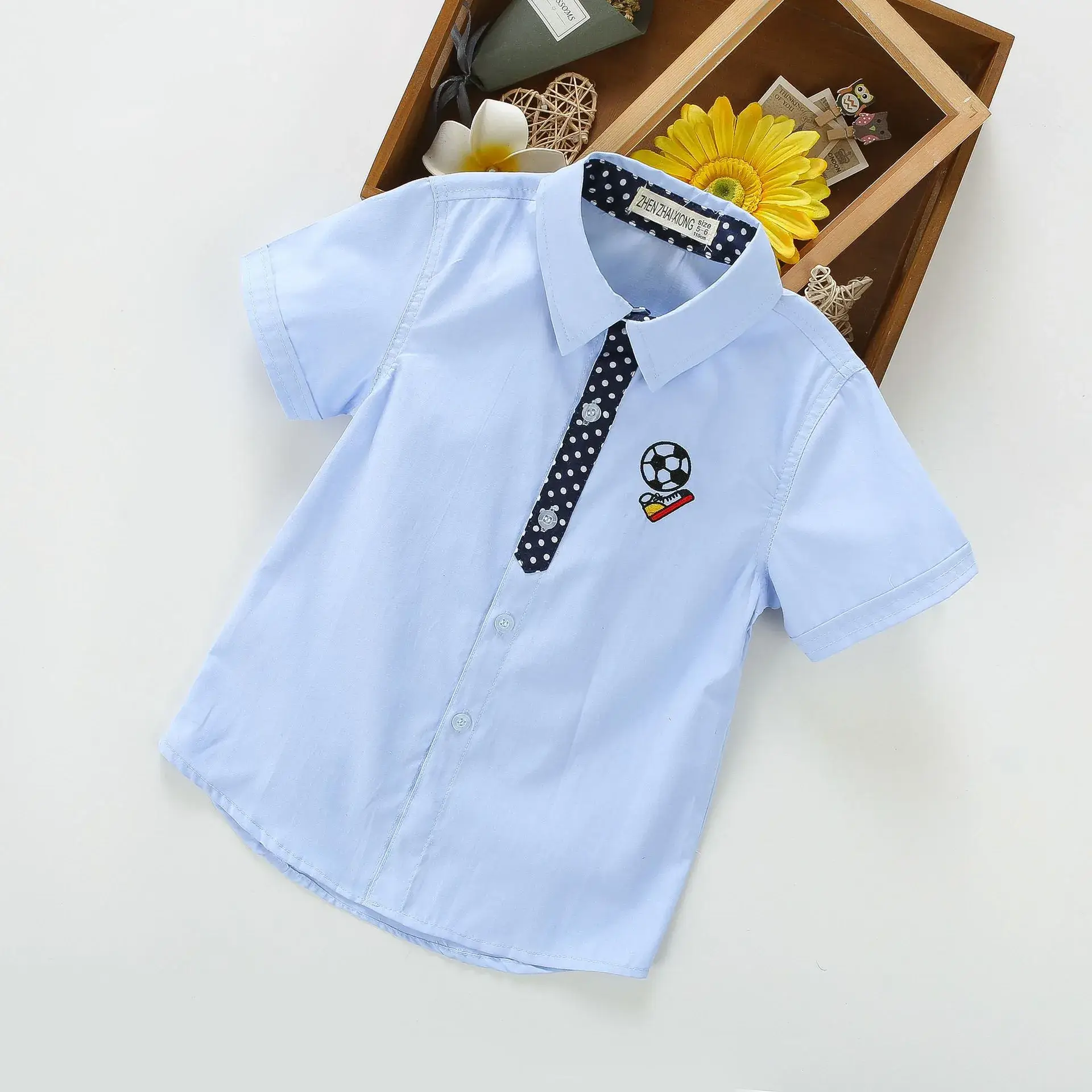 Boys Printed Lapel Short Sleeve Shirt Blue Medium
