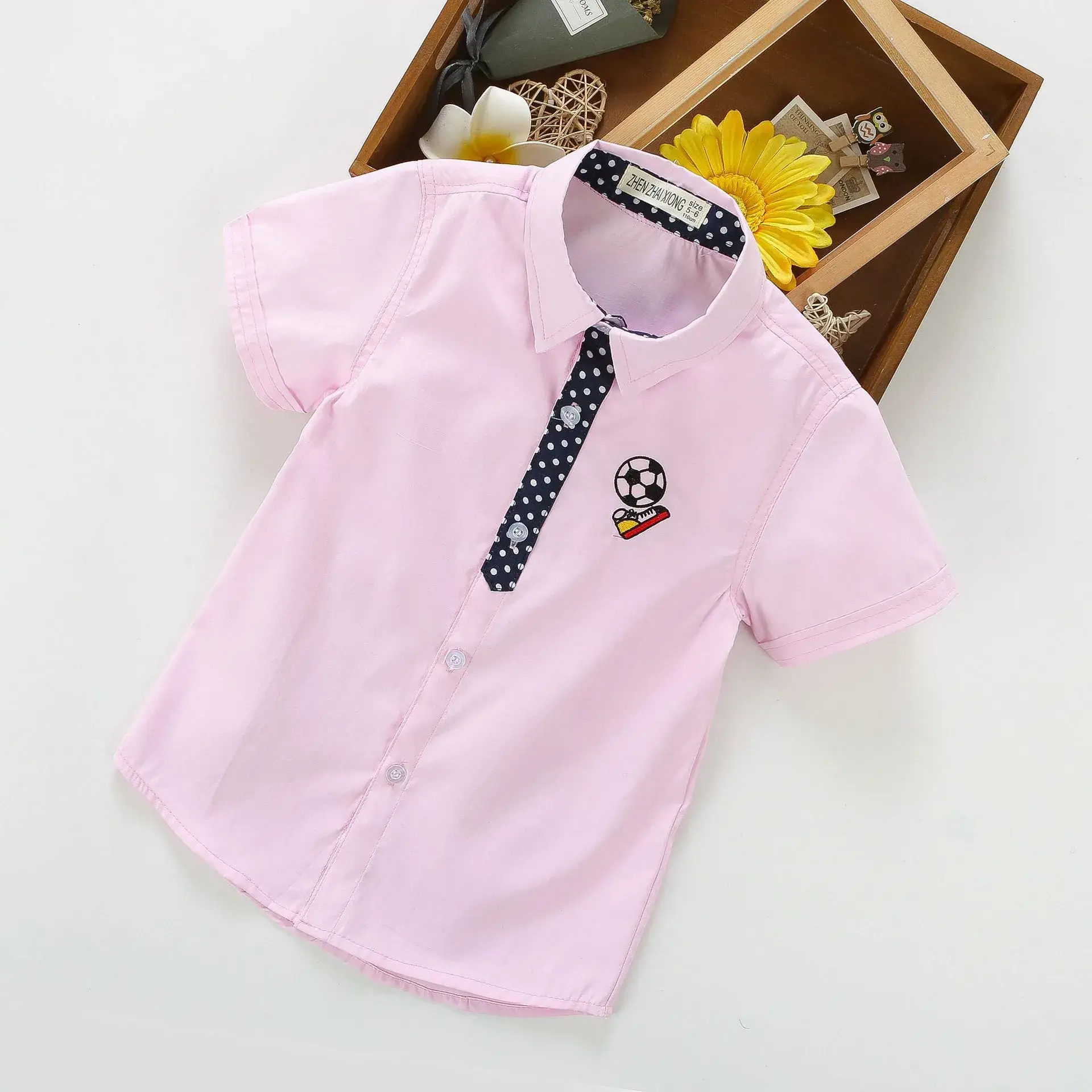 Boys Printed Lapel Short Sleeve Shirt Blue Medium