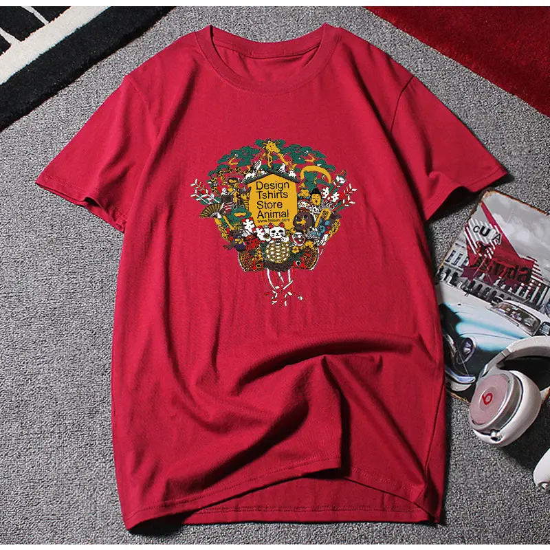 Red Cotton T-Shirt with Floral Print Plus Size - Image 2
