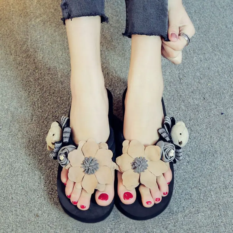 Women's Cartoon Bear Flower Flip Flops Red 3cm