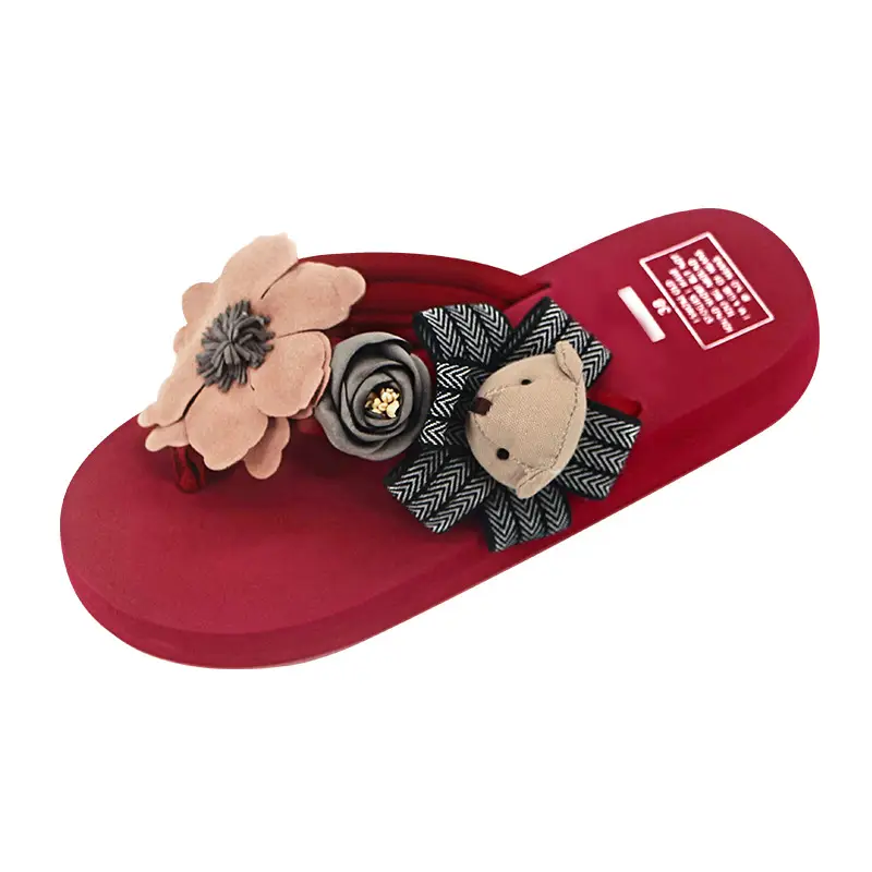 Women's Cartoon Bear Flower Flip Flops Red 3cm