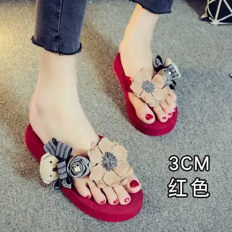 Women's Cartoon Bear Flower Flip Flops Red 3cm
