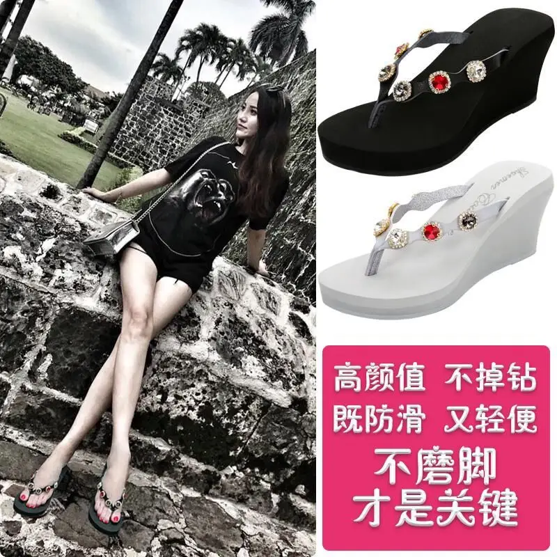 Black Rhinestone Platform Heel Flip-Flops for Women