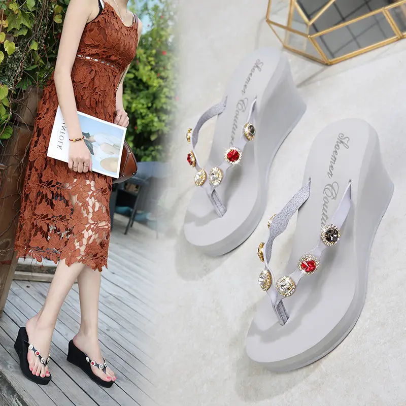 Black Rhinestone Platform Heel Flip-Flops for Women