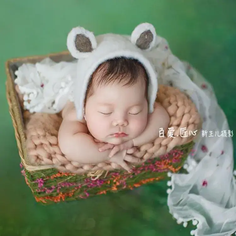 Newborn Baby Hat with Fox Ears Pure Wool Photography Prop - Image 4