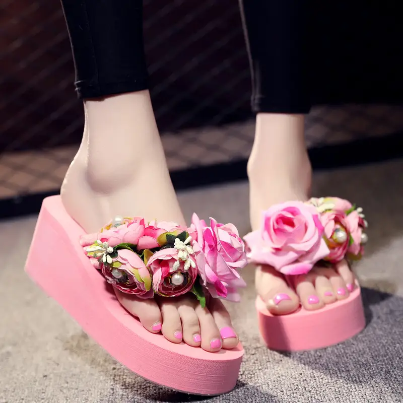Women's Pink Floral Wedge Sandals with Thick Platform