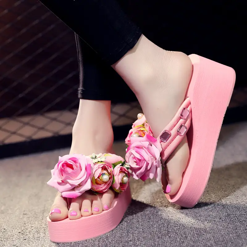 Women's Pink Floral Wedge Sandals with Thick Platform