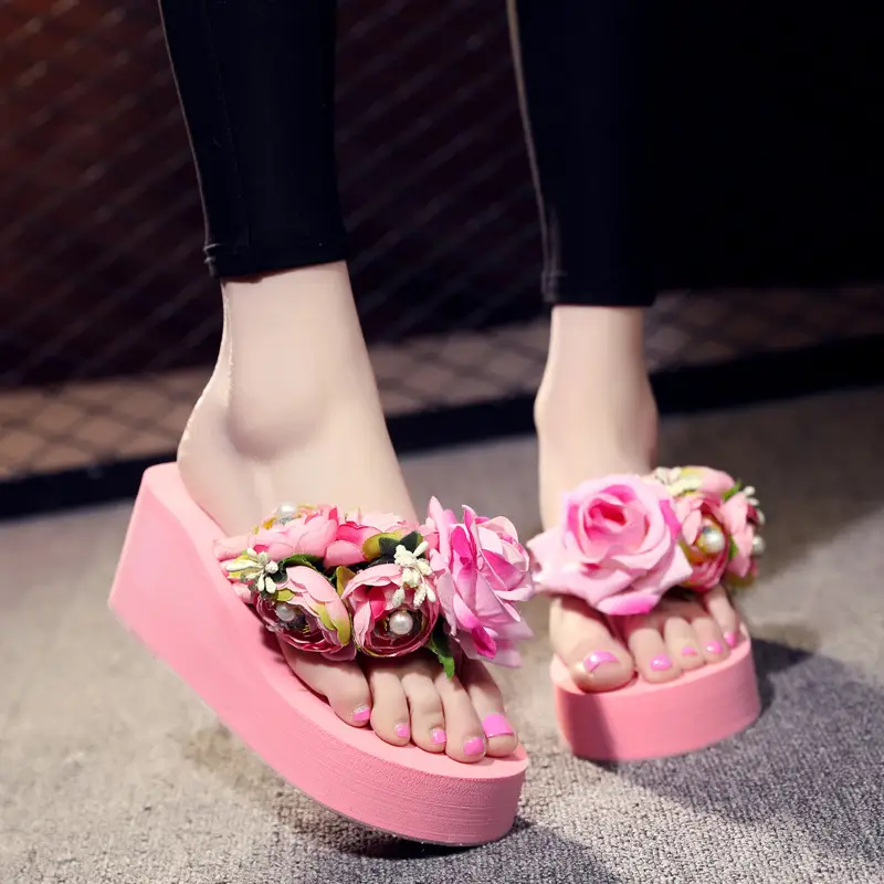 Women's Pink Floral Wedge Sandals with Thick Platform