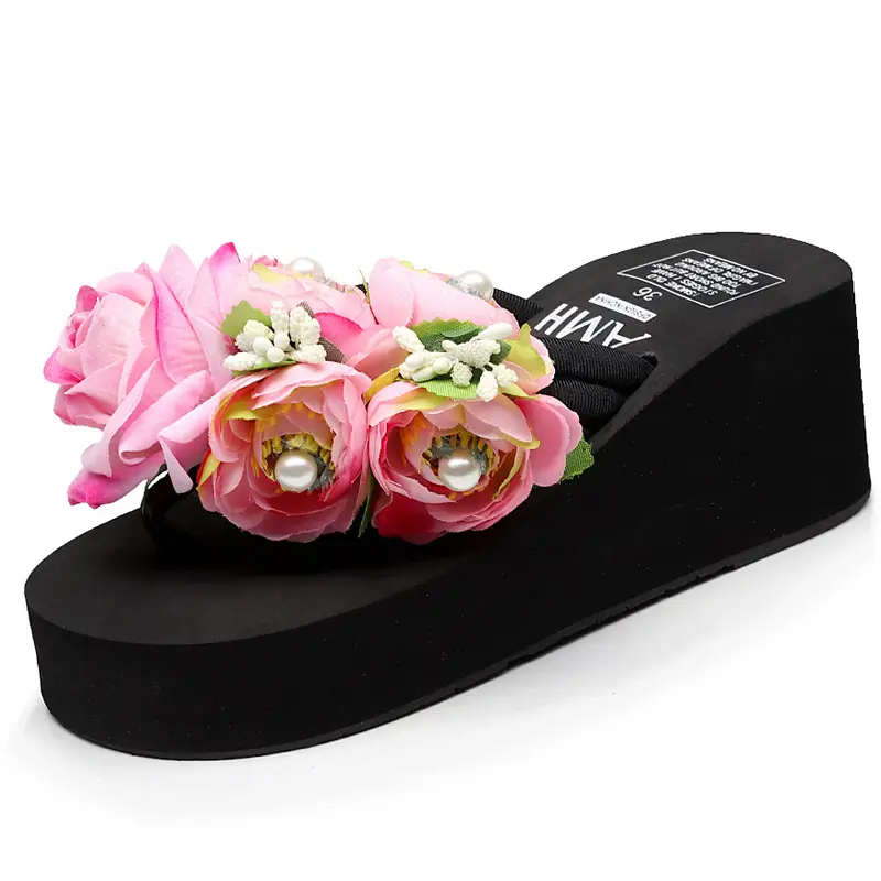 Women's Pink Floral Wedge Sandals with Thick Platform
