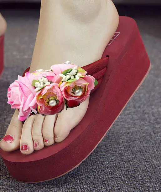 Women's Pink Floral Wedge Sandals with Thick Platform