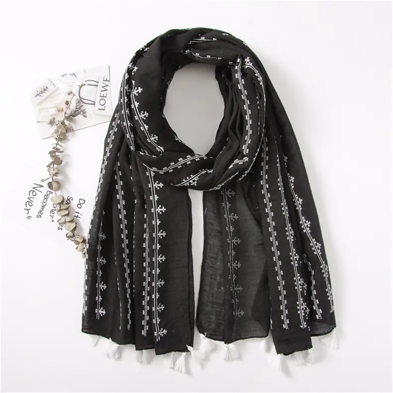 Grey Ethnic Scarf for Women Travel Shawl Cotton Linen — feature 16