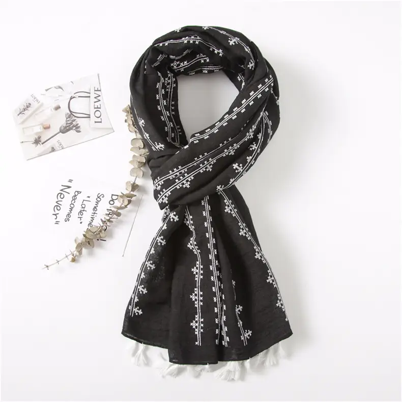 Grey Ethnic Scarf for Women Travel Shawl Cotton Linen — feature 17