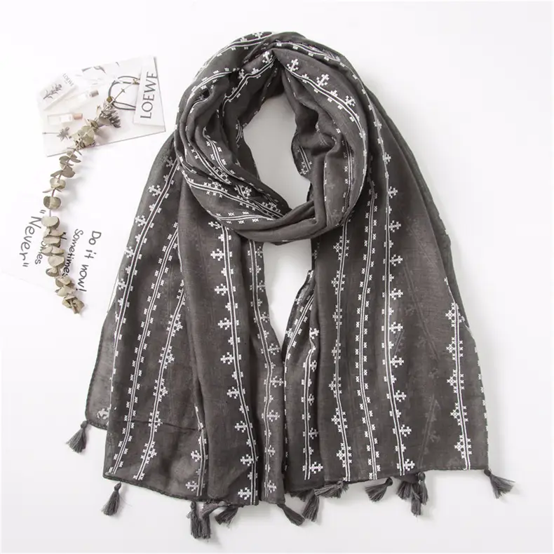Grey Ethnic Scarf for Women Travel Shawl Cotton Linen — feature 46