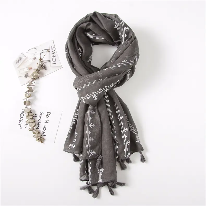 Grey Ethnic Scarf for Women Travel Shawl Cotton Linen — feature 47