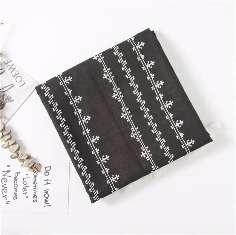 Grey Ethnic Scarf for Women Travel Shawl Cotton Linen - Image 3