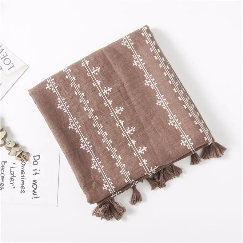 Grey Ethnic Scarf for Women Travel Shawl Cotton Linen — feature 40