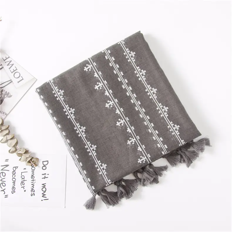 Grey Ethnic Scarf for Women Travel Shawl Cotton Linen — feature 45