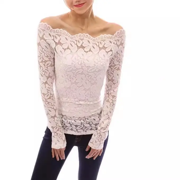 Off-Shoulder Lace Blouse Long Sleeve White - Image 9