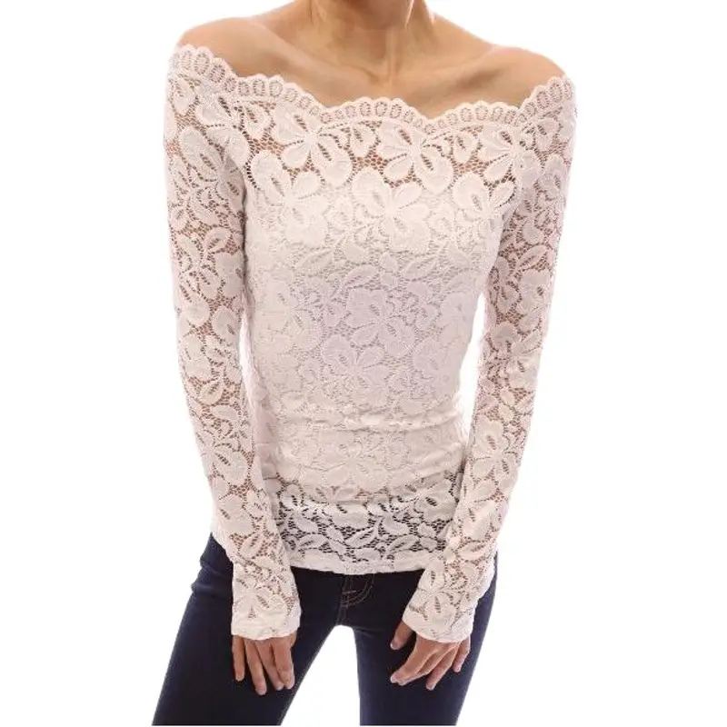 Off-Shoulder Lace Blouse Long Sleeve White