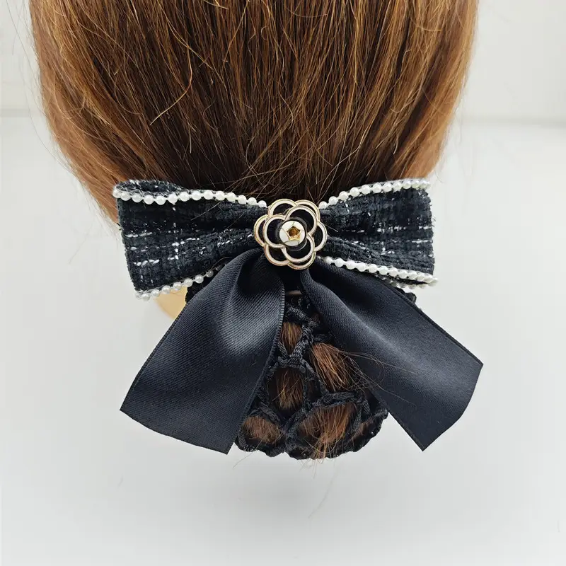 Black Embroidered Bow Hair Net for Women - Image 59